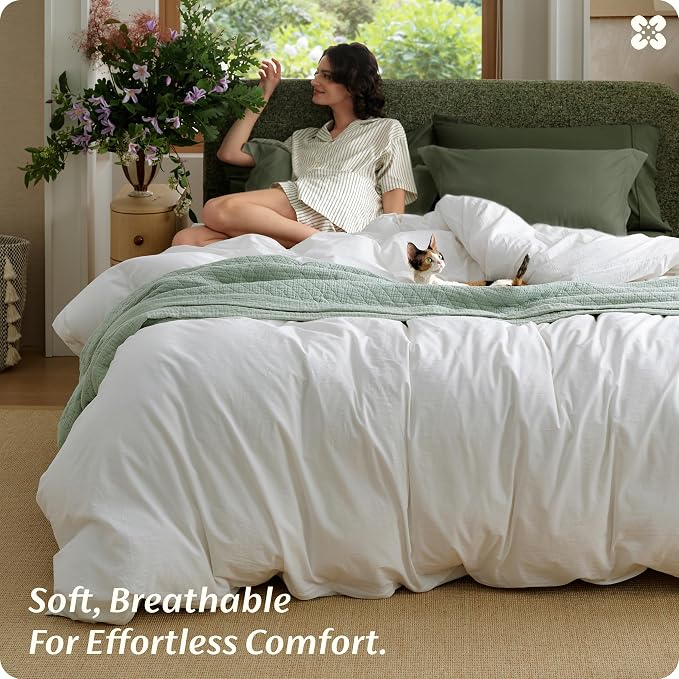 Bedsure Duvet Cover Queen Size - 100% Washed Cotton, Linen-Like Minimalist Bedding - PureWoven Plain Soft Comforter Cover for All Seasons, 1 Duvet Cover Only (Natural White, 90" x 90")