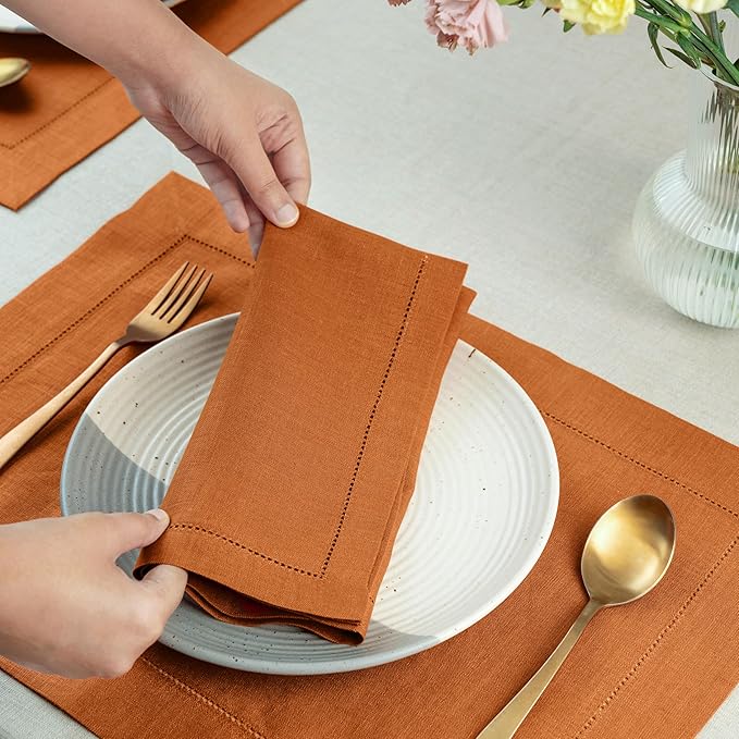 Signature Linen™ by D'Moksha Rust Dinner Napkins Set of 4, 20 x 20 Inch Cloth Napkins, 100% Pure Linen, Hemstitch, Machine Washable Table Napkins- Summer, Father's Day