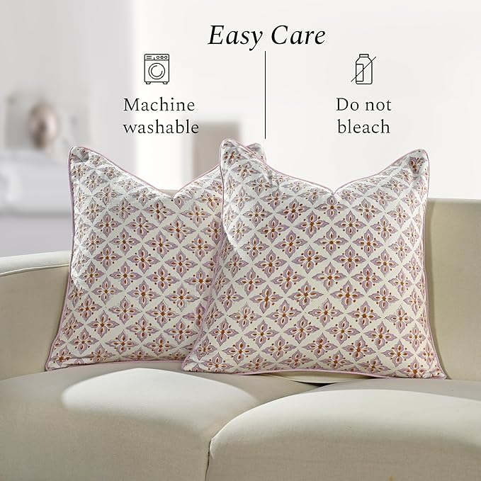CPC Throw Piping Pillow Covers for Couch, 18x18 Inch Pillows for Living Room, 100% Cotton Boho Cute Outdoor Pillows, Flower Cushion Covers Gift for Spring, Easter - Vintage Damask Rose