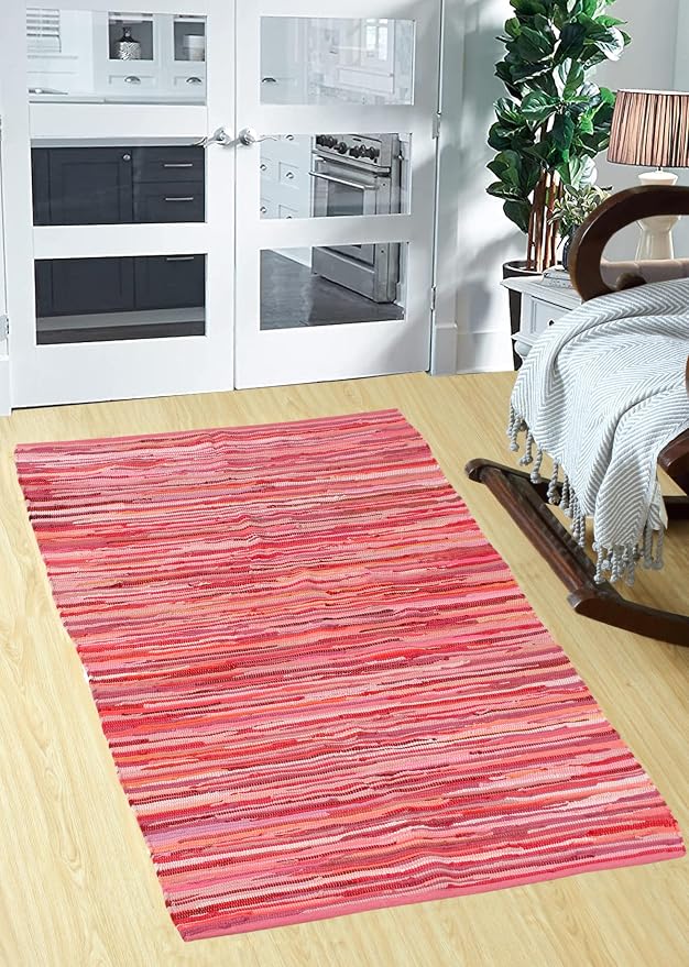 Handmade Cotton Chindi Rug Runner Area Rag Washable Recycled Rugs for Home Décor, Living Room and Bedroom (Pink, 3X5 Feet)
