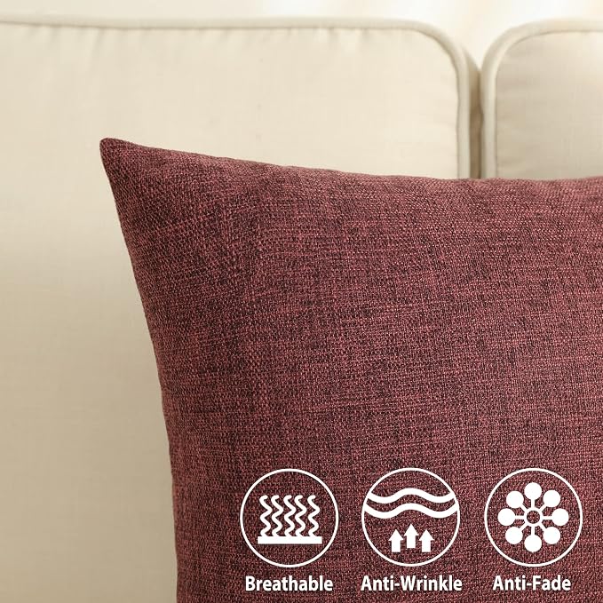 Stellhome Burlap Large Throw Pillow Covers Textured Farmhouse Linen Pillowcase for Bed Couch Sofa Bench Rustic Pillows Neutral Accent Cushion Cases Set of 2, 24 x 24 inch (60 x 60 cm), Burgundy