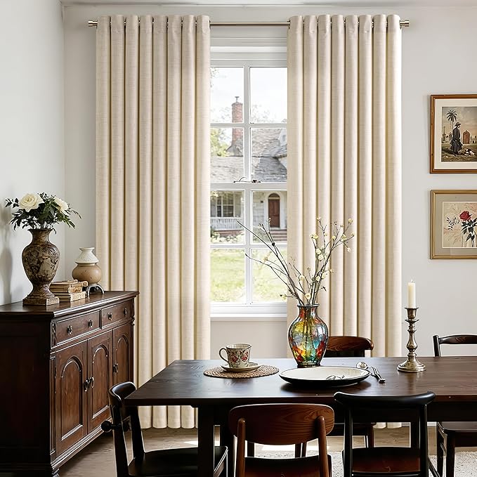 84 Inch Length 2 Panels Set Warm Beige Linen Curtains Sand Light Filtering Semi Sheer Grommet Drapes Thick Linen Privacy Non-See-Through Curtain for Living Room 52x84