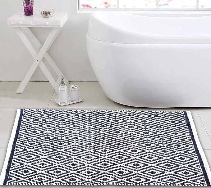 Ramanta Home 100% Cotton Diamond Handwoven Reversible Rug 21x34 Inch– Navy| Soft Washable Area Rug for Bathroom, Kitchen, Bedroom, Entryway | Durable Lightweight Handmade Accent Floor Mat | Boho Décor