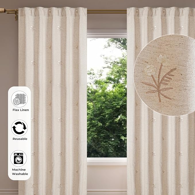 Bedding Craft Linen, Drapes, Linen Room Darkening, Flax,& Drapes, Natural, Taupe 96 inch_Embroidered