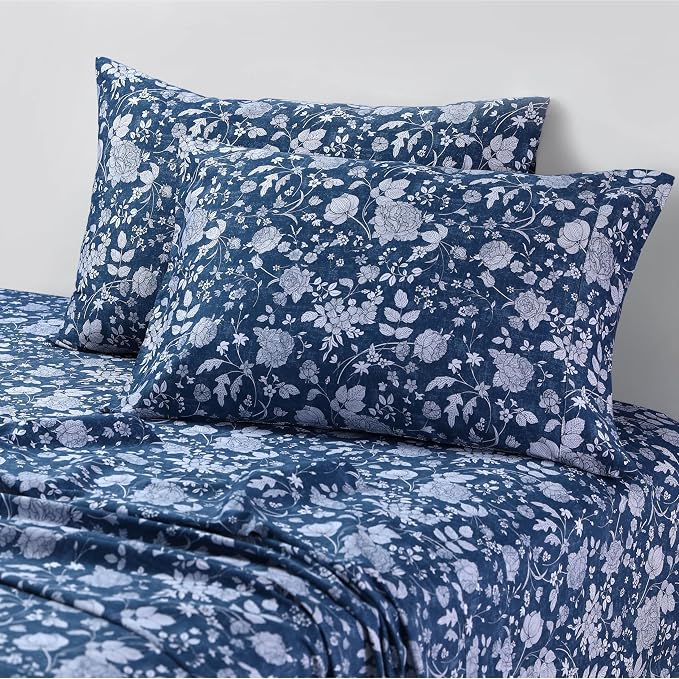 AZORES HOME King Organic Cotton Sateen Sheet Set - Deep Pocket, 300 Thread Count, 4-Piece Luxury Bedding, Kate Dark Blue