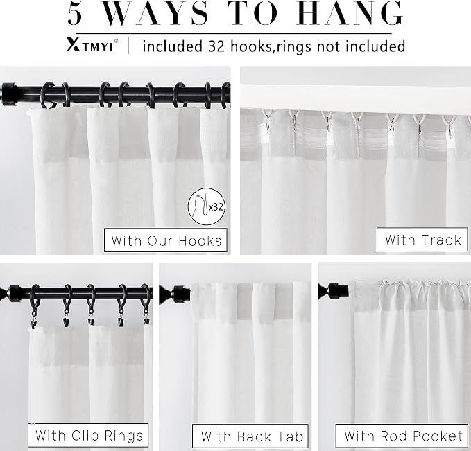 XTMYI 92 Inch Curtains Length 2 Panels Set,Back Tab Linen Sheer Window Curtains Living Room Bedroom,50x92 in Long,White