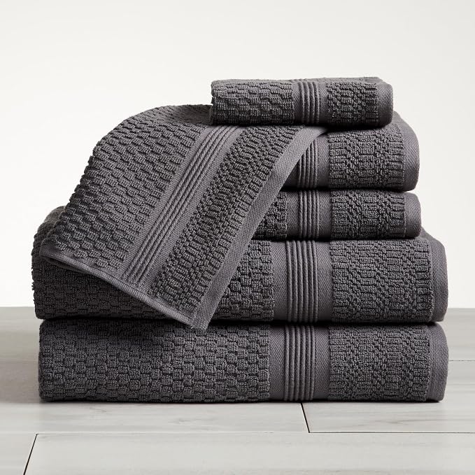 Market & Place 100% Cotton Waffle Weave 6 Piece Towel Set – Soft, Quick-Dry Bath, Hand & Washcloth Towels – Lightweight, Textured Bathroom Set – Charcoal | Zoey Collection