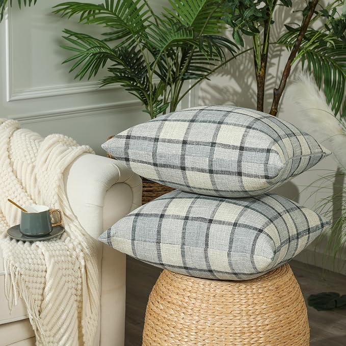 Stellhome Pack of 2 Linen Buffalo Check Decorative Throw Pillow Covers, Farmhouse Plaid Cushion Covers Rustic Retro Decor for Couch Sofa Living Room, 20x20 Inch, Light Grey