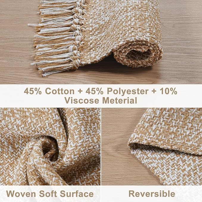Collive Washable Carpet Runners for Hallway 12ft, Boho Long Rugs for Kitchen Cotton Hand Woven Bedroom Runner Rug Tan/Cream Low Pile Natural Floor Carpet for Indoor Hall Entryway