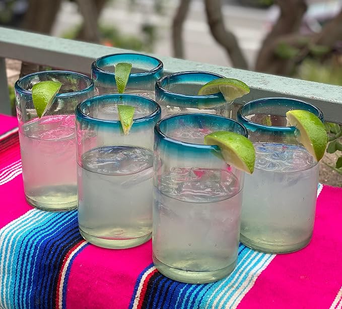 Dos Sueños Hand Blown Mexican Drinking Glasses – Set of 6 Glasses with Aqua Rims (14 oz each)