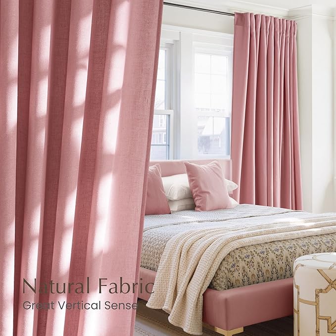 NICETOWN Thick Linen Pink Curtains for Girls Room, Rod Pocket & Back Tab Flax Linen Burlap Vertical Drapes Privacy Assured with Light Filtering Window Treatments for Bedroom, W55 x L84, 2 Panels