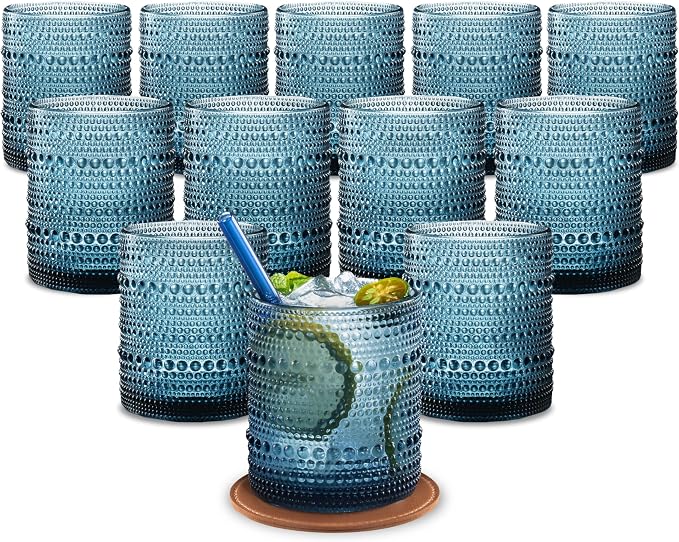 12 Oz Hobnail Drinking Glasses, Cornflower Blue, Set of 12 | Vintage Embossed Glassware, Textured Tumblers, Includes Straws and Coasters