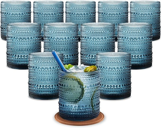 12 Oz Hobnail Drinking Glasses, Cornflower Blue, Set of 12 | Vintage Embossed Glassware, Textured Tumblers, Includes Straws and Coasters