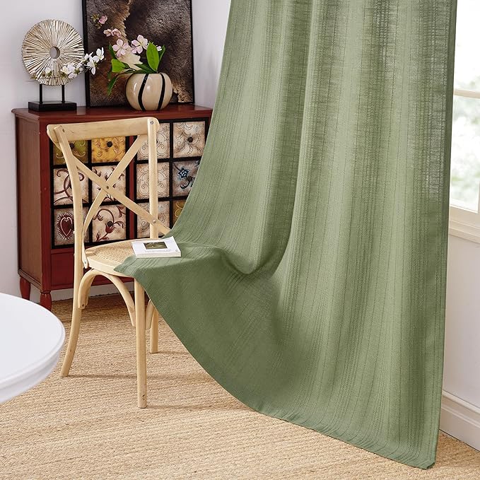 NICETOWN Linen Waffle Weave Sage Green Curtains for Bedroom, Privacy Farmhouse Drapes Light Filtering Window Treatments for Living Room, W52 x L96, 2 Panels