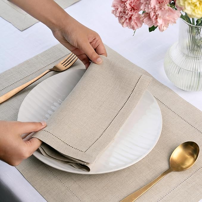 Signature Linen™ by D'Moksha Natural Dinner Napkins Set of 8, 20 x 20 Inch Cloth Napkins, 100% Pure Linen, Hemstitch, Machine Washable Table Napkins- Summer, Father's Day
