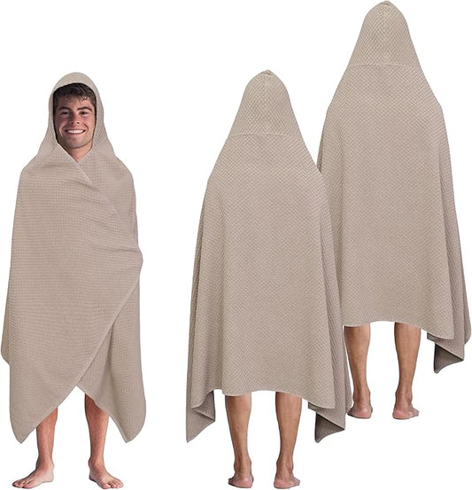 COTTON CRAFT Hooded Bath Towel – 2 Pack Oversized 35x70 Waffle Weave Towel with Hood for Adults - 100% Ringspun Cotton Pool Bath Sheet Wrap with Hood - Soft Super Absorbent Quick Dry – 450 GSM – Linen
