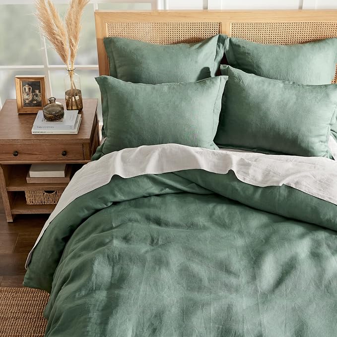 Levtex Home - 100% French Flax Linen - King Duvet Cover - French Flax Washed Linen - Forest Green - Duvet Cover Size (106x94in.)