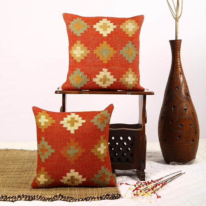 Trade Star Handwoven Pillowcase Set of 2 Throw Pillow Cover 70% Jute 30% Wool Kilim Cushion Cover Beautiful Cushion Case Decorative Authentic Pillow for Outdoor (Kilim 7)