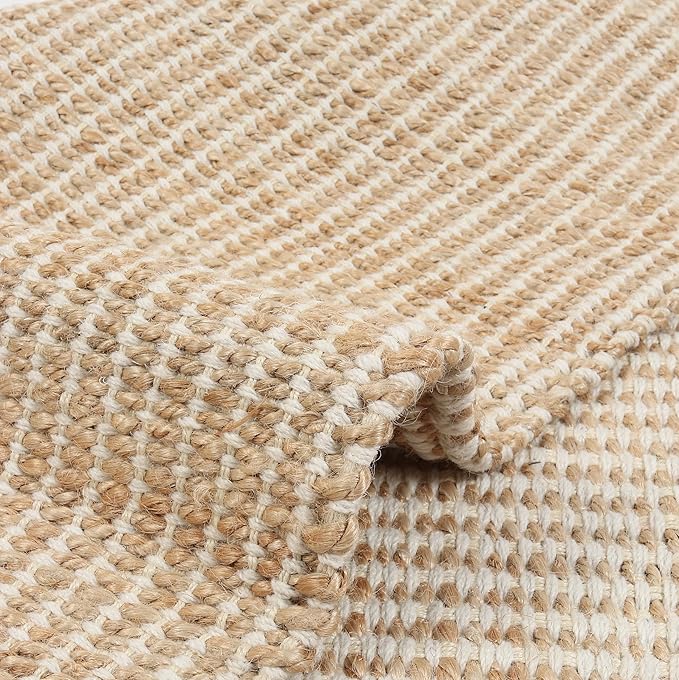 10x14 feet Natural Jute & Wool Area Rug,– Handwoven Mini Check Natural Fiber Rug with 4" Border, Neutral Boho Farmhouse Rug for Living Room,Dining Room,Bedroom | 0.6" Pile (10' x 14')