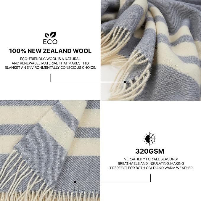 | Wool Blanket/Throw | 100% New Zealand Wool | Perfect for Home and Outdoors | Virgin Wool Blanket with Fringes 55"x79" (140 x 200 cm)