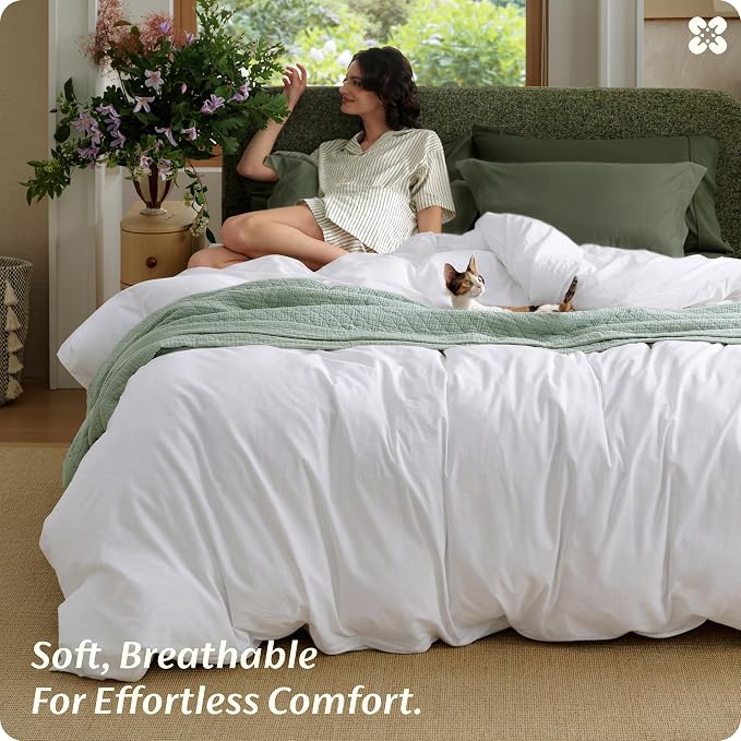 Bedsure Duvet Cover Queen Size - 100% Washed Cotton, Linen-Like Minimalist Bedding - PureWoven Plain Soft Comforter Cover for All Seasons, 1 Duvet Cover Only (Bright White, 90" x 90")
