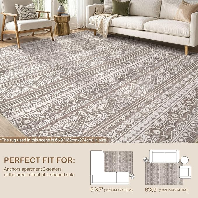 Tortania Area Rug Living Room Rugs - 6x9 Washable Large Soft Neutral Boho Moroccan Bohemian Farmhouse Rug Indoor Floor Carpet for Bedroom Under Dining Table Home Office Decor - Dark Brown