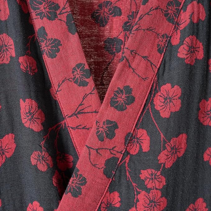 100% Cotton Gauze Ginkgo Leaf Kimono Robe, Long Knit Loose Bathrobe Nightgown Ladies Loungewear Sleepwear for Women