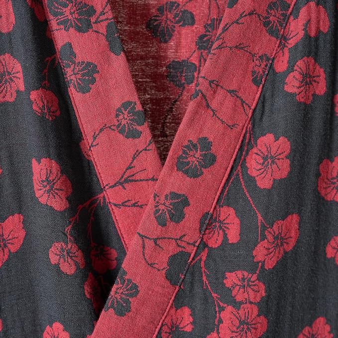 100% Cotton Gauze Ginkgo Leaf Kimono Robe, Long Knit Loose Bathrobe Nightgown Ladies Loungewear Sleepwear for Women