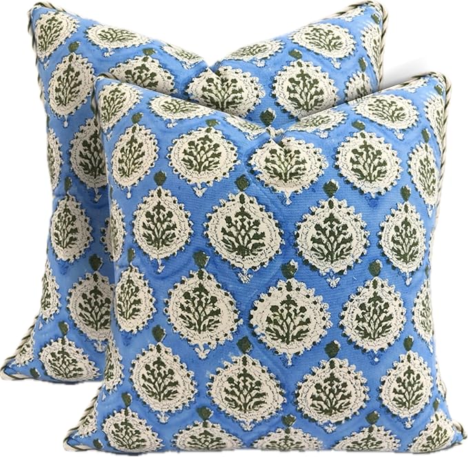 ATOSII Block Print Throw Pillow Covers, 24" X 24" - Set of 2, Decorative Couch Pillows for Living Room Bed Sofa, 100% Cotton Canvas Pillow Case for Home Decor & Outdoors, Preppy Throws - Kari Blue