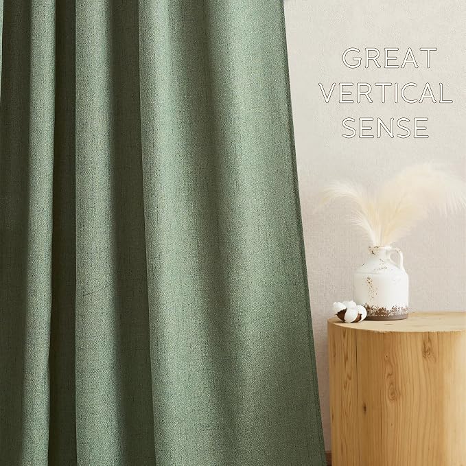 NICETOWN Olive Green Linen Curtains 84 Inches Long 2 Panels for Bedroom Living Room, Privacy Linen Textured Window Drapes Semi Sheer Light Filtering Grommet Christmas Curtains, 52" W x 84" L