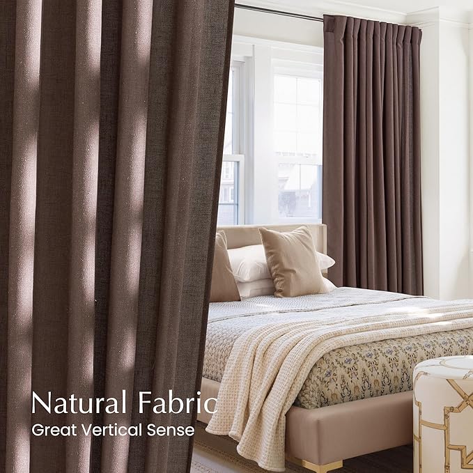 NICETOWN Linen Brown Curtains 2 Panels 84 inches Long, Rod Pocket & Back Tab Privacy Added Thick Flax with Light Filtering Window Treatments for Bedroom/Living Room, W55 x L84