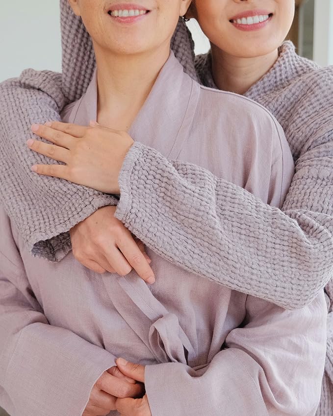 Magic Linen - Unisex Waffle Bathrobe, Hooded Linen-cotton Blend Bath Robe, Lightweight Robe for Women and Men