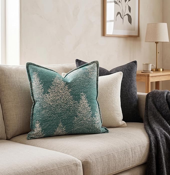 SanVia Cotton Throw Pillow Covers 20x20 – Handwoven Jacquard Texture, Fade-Resistant, No Pilling – Hidden Zipper, Decorative Cushion Cover for Sofa, Couch, Bed – Insert Not Included (Floral, Green)