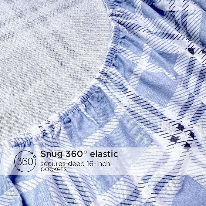 Briarwood Home® Printed Flannel Sheet Set, 100% Natural Cotton, Soft, Warm & Deep Pocket, Advanced Nano-Tech Making it Resistance to Pilling; Brushed 6 Times for Softness (Blue Plaid, King)