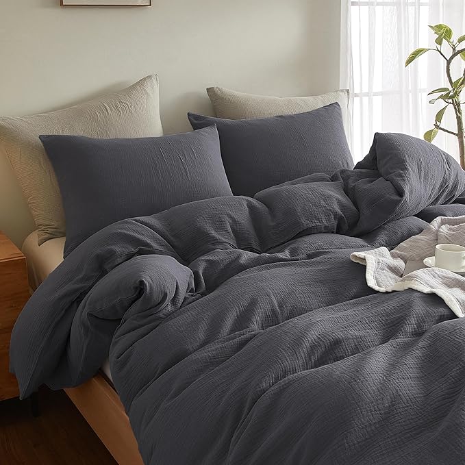 SE SOFTEXLY Muslin Duvet Cover Queen Size, 100% Washed Cotton Duvet Cover Set, Ultra Soft Comforter Cover Linen Like, 3 Pieces Minimalist Gauze Duvet Cover with 2 Pillowcases, 90"x90", Dark Grey