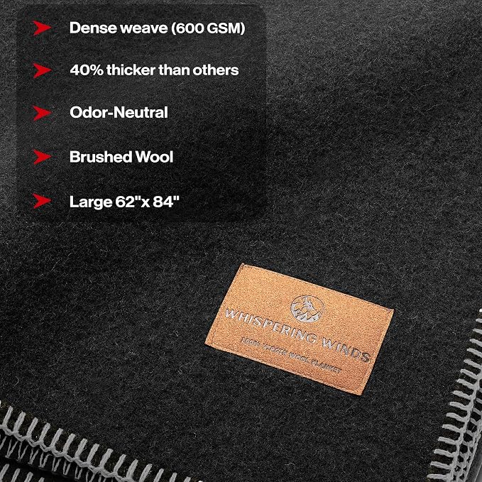 Whispering Winds 100% Wool Blanket, Premium Twin Size (62"x84") | Soft, Warm, Thick, Comfortable, For Bed, Couch, Home, Car, Camping, Outdoors, Survival