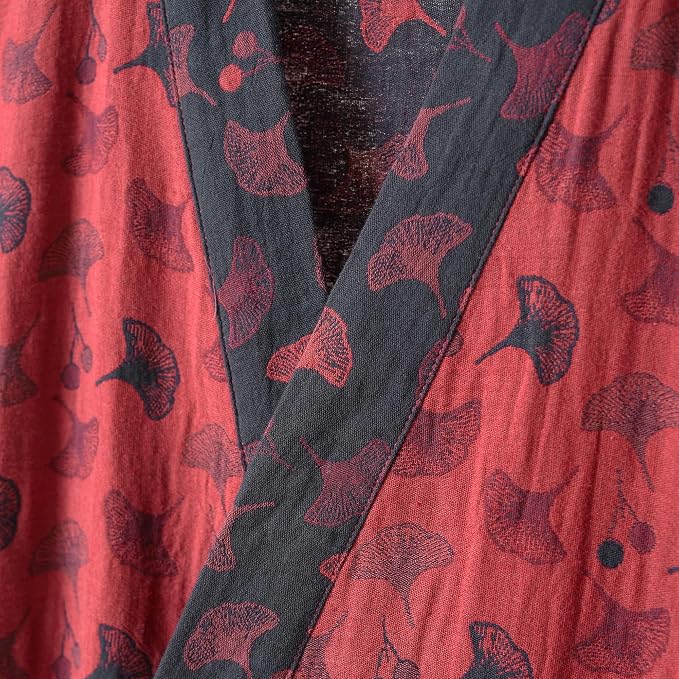 100% Cotton Gauze Ginkgo Leaf Kimono Robe, Long Knit Loose Bathrobe Nightgown Ladies Loungewear Sleepwear for Women