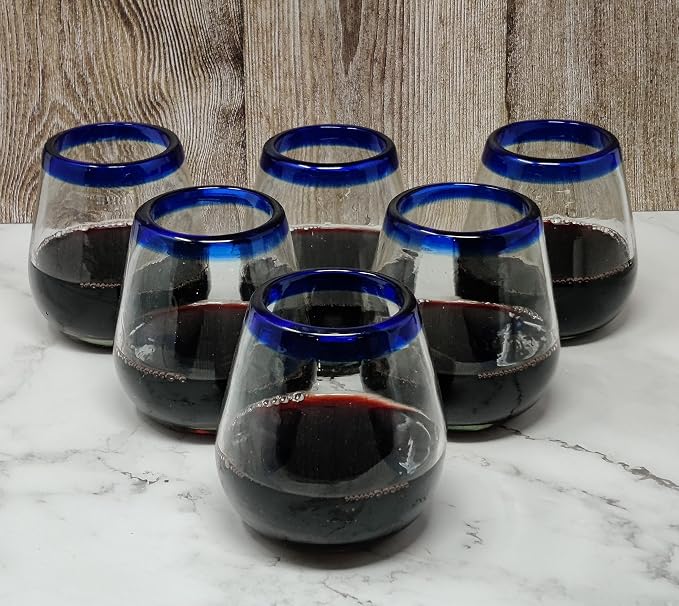 Dos Sueños Hand Blown Mexican Stemless Wine Glasses - Set of 6 Glasses with Cobalt Blue Rims (15 oz)