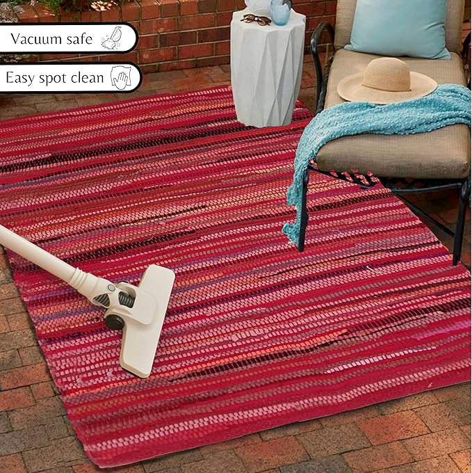 Ramanta Home Hand Woven Cotton Chindi Rug 3'x5' - Red, Braided Recycled 100% Cotton Rug for High Traffic Area, Farmhouse Boho Rugs for Living Room, Kitchen Entryway Bedroom Floor Mat - 36"x60"