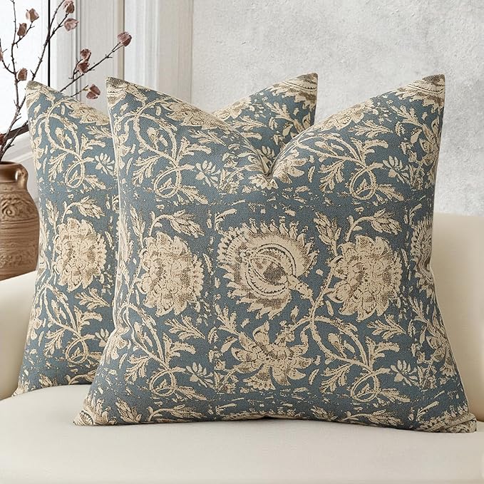 Vintage Floral Print Throw Pillow Covers 22x22 Set of 2 Neutral Modern Farmhouse Accent Decorative Cushion Covers Boho Home Decor for Couch Sofa Chair Bed Living Room, Dusty Blue