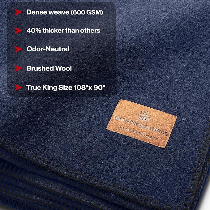 Whispering Winds 100% Wool Blanket, Premium King Size (108"x90") | Soft, Warm, Thick, Comfortable, For Bed, Couch, Home, Car, Camping, Outdoors, Survival