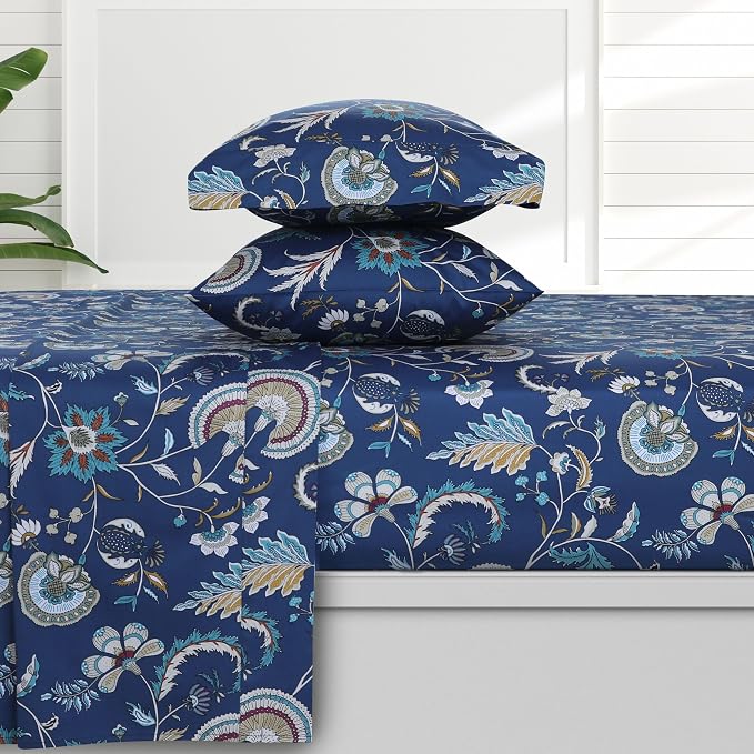 AZORES HOME Full Organic Cotton Sateen Sheet Set - Deep Pocket, 300 Thread Count, 4-Piece Luxury Bedding, Ingrid Blue