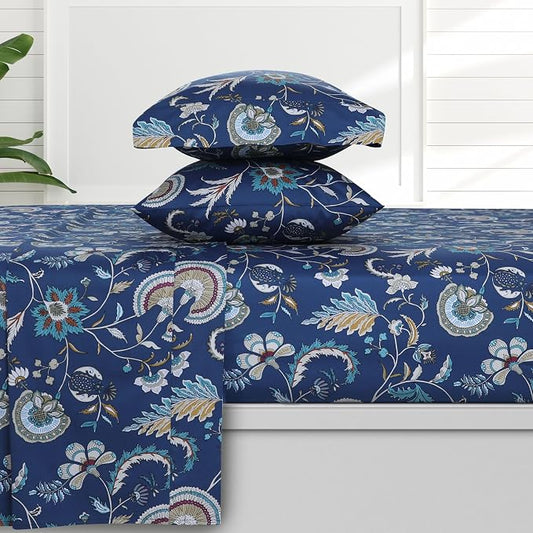AZORES HOME California King Organic Cotton Sateen Sheet Set - Deep Pocket, 300 Thread Count, 4-Piece Luxury Bedding, Ingrid Blue