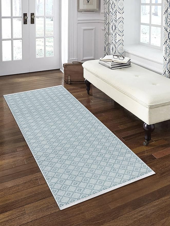Cotton Diamond Woven Runner Rug 2x6 Feet - Spa Grey, Anti Slip Farmhouse Geomatric Home Patio Décor Runners Ideal for Hallways, Office, Kitchen | Soft Washable Bedroom Space Decorative Floor Boho Mats