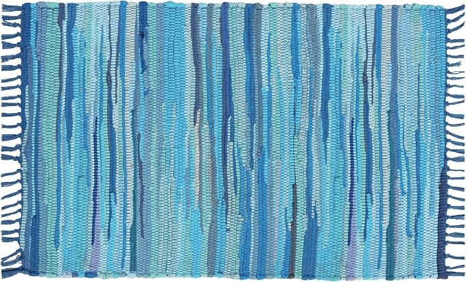 Cotton Rag Rug 24x36'' | 2x3' Multicolor Area Rug - Hand Woven, Washable & Reversible with Tassels - Perfect for Living Room, Kitchen, Entryway, or Bedroom (Aqua)