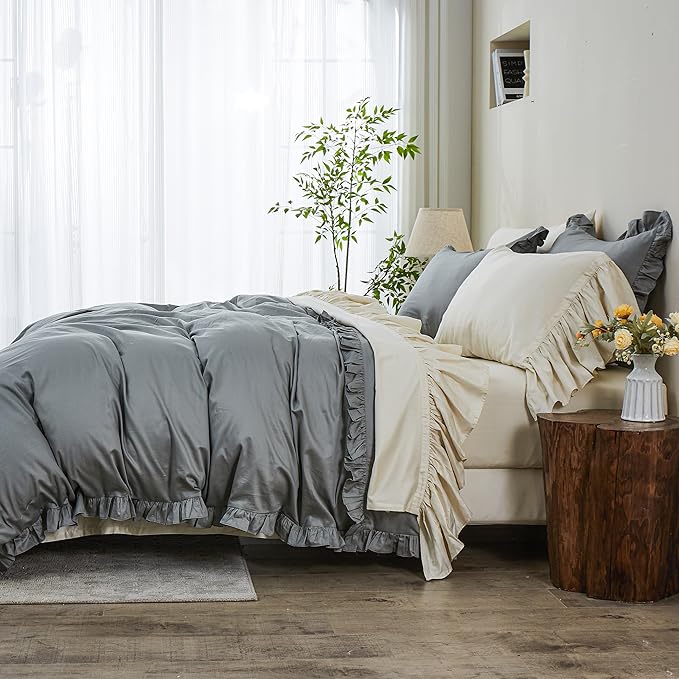Simple&Opulence 100% Organic Cotton Sheet Set, Long Ruffle Bed Sheets (1 Flat Sheet, 1 Fitted Sheet and 2 Pillowcases) Elegant Shabby Chic Bedding Farmhouse Charming Vintage - Beige, Queen