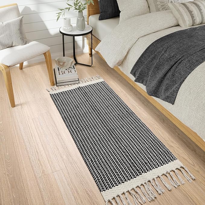 Lahome Belle Boho Rugs for Entryway, 2x5 Laundry Room Rug Lightweigh Cotton Washable Runner Rug with Tassels, Farmhouse Black Bath Door Mats Indoor Non Shedding Runners for Hallways Bedroom