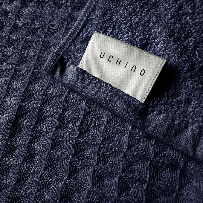 UCHINO Waffle Twist Cotton Weave Hand Towel for Bathroom Lightweight Absorbent Quick Dry Honeycomb Texture Solid Terry Loop Reverse 20" x 30", 1 Hand Towel, Indigo