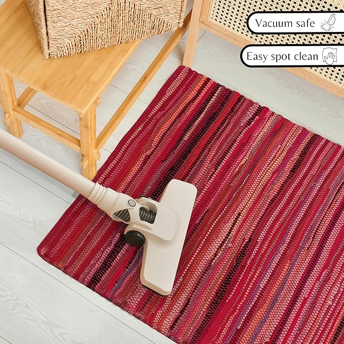 Cotton Hand Woven Chindi Rug 2x3 Feet - Red, Reversible Accent Pink Area Patio Door Mat Ideal for Entryway, Kitchen, Nursery Room, Bedroom | Farmhouse Rustic Floor Décor Rag Rugs for Balcony