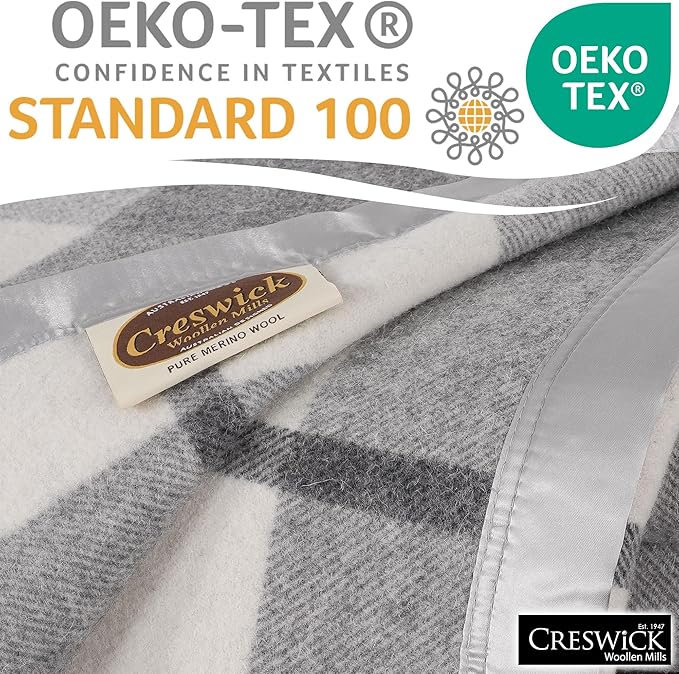 Creswick Woollen Mills 100% Australian Merino Wool Blanket – Soft Warm and Natural with Satin Binding, Breathable Luxury Bedding for All Seasons, (Gray Plaid, King Size)